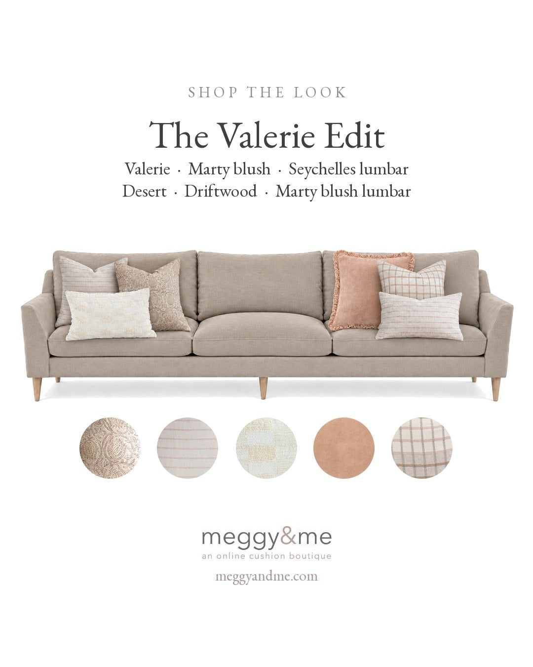 The Valerie Edit: Valerie, Marty blush, Seychelles, Desert, Driftwood and Marty blush lumbar styled on a neutral sofa.
