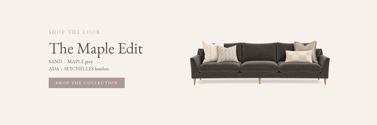 The Maple Edit – shop the look cushion collection on a charcoal sofa